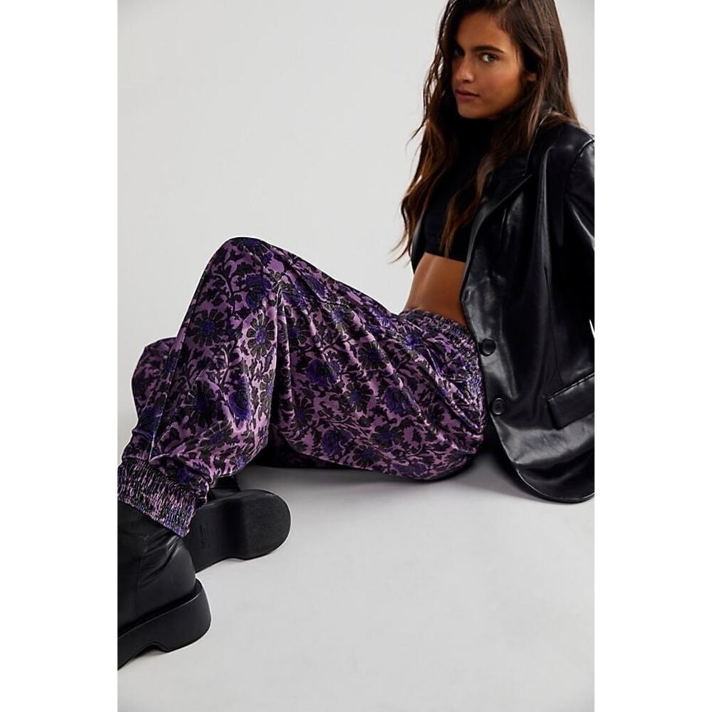Free People FP One Marla Velvet Jogger Pants XS Purple Floral Boho
